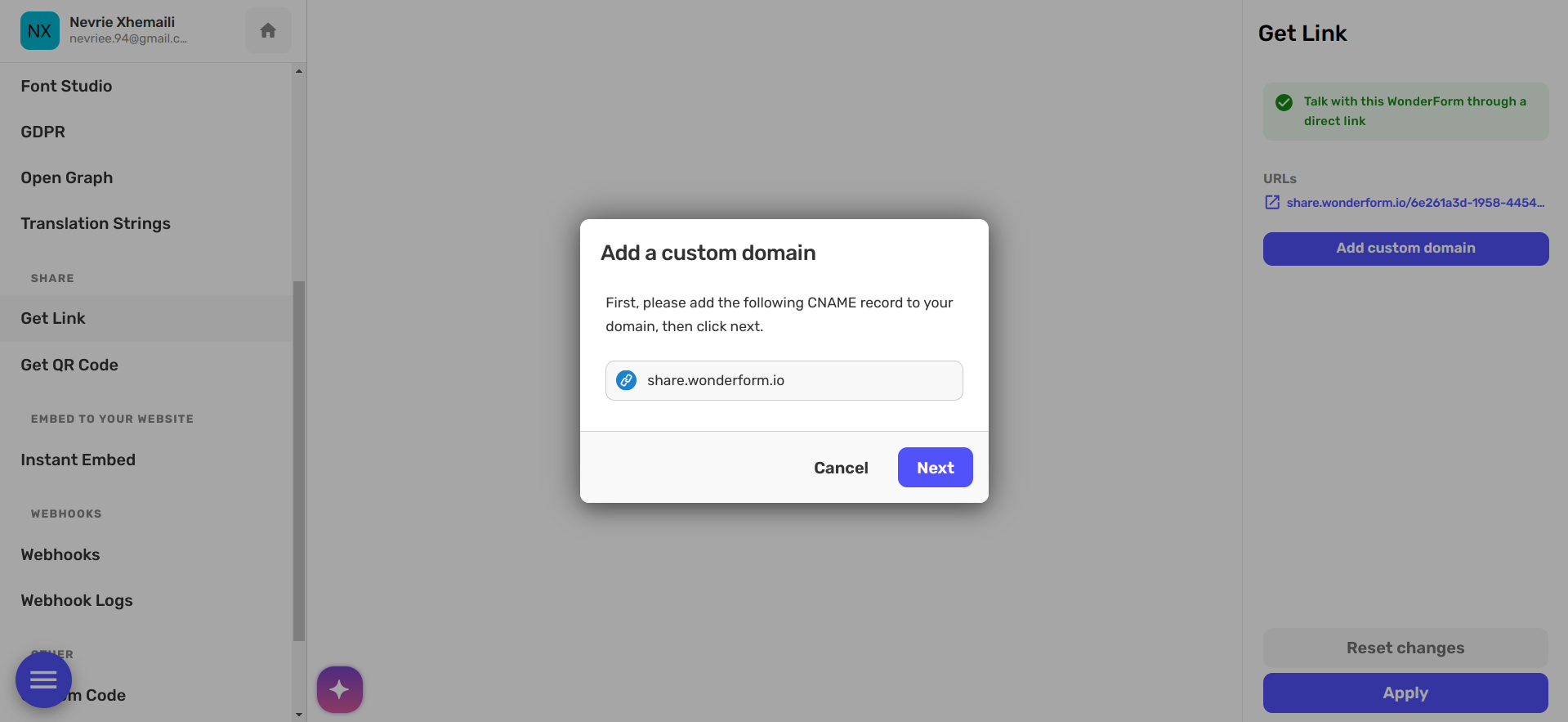 WonderForm Add Custom Domain