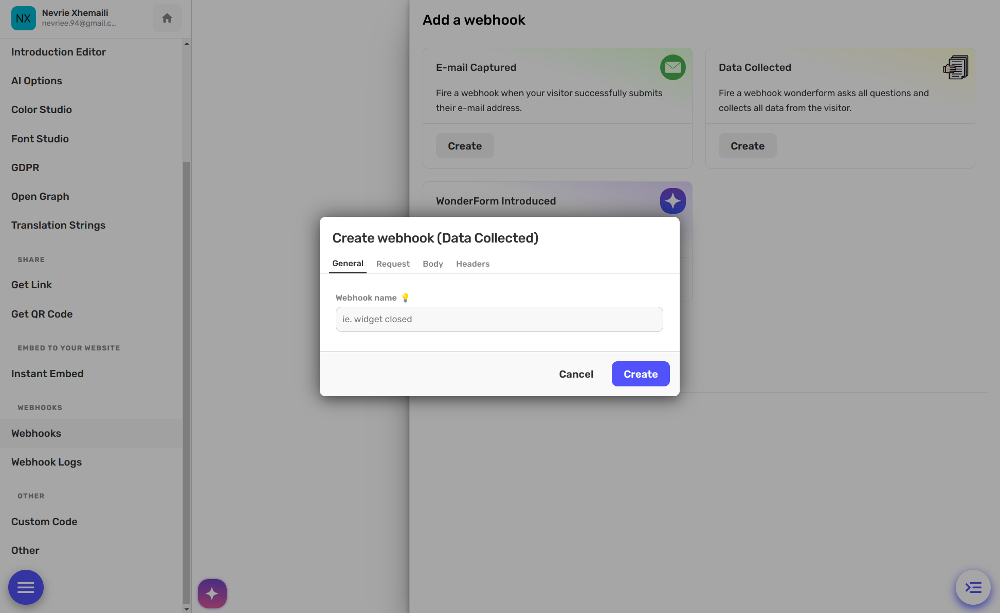 Webhook details modal